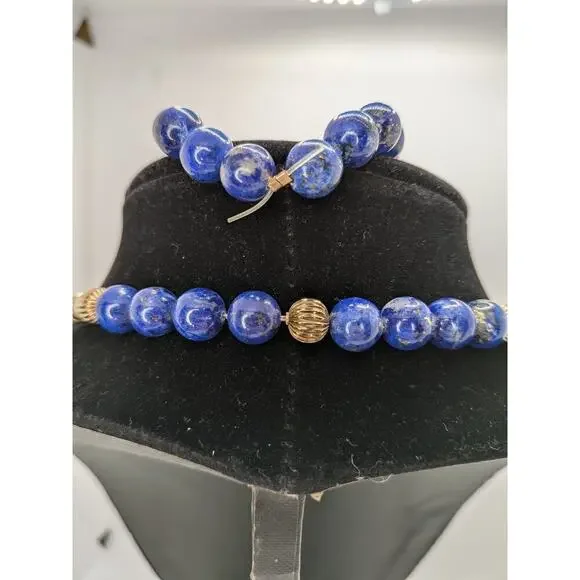 Blue Lapis Vintage Necklace Bracelet and Earring Suite with Gold Beads & Pearls - Picture 5 of 7